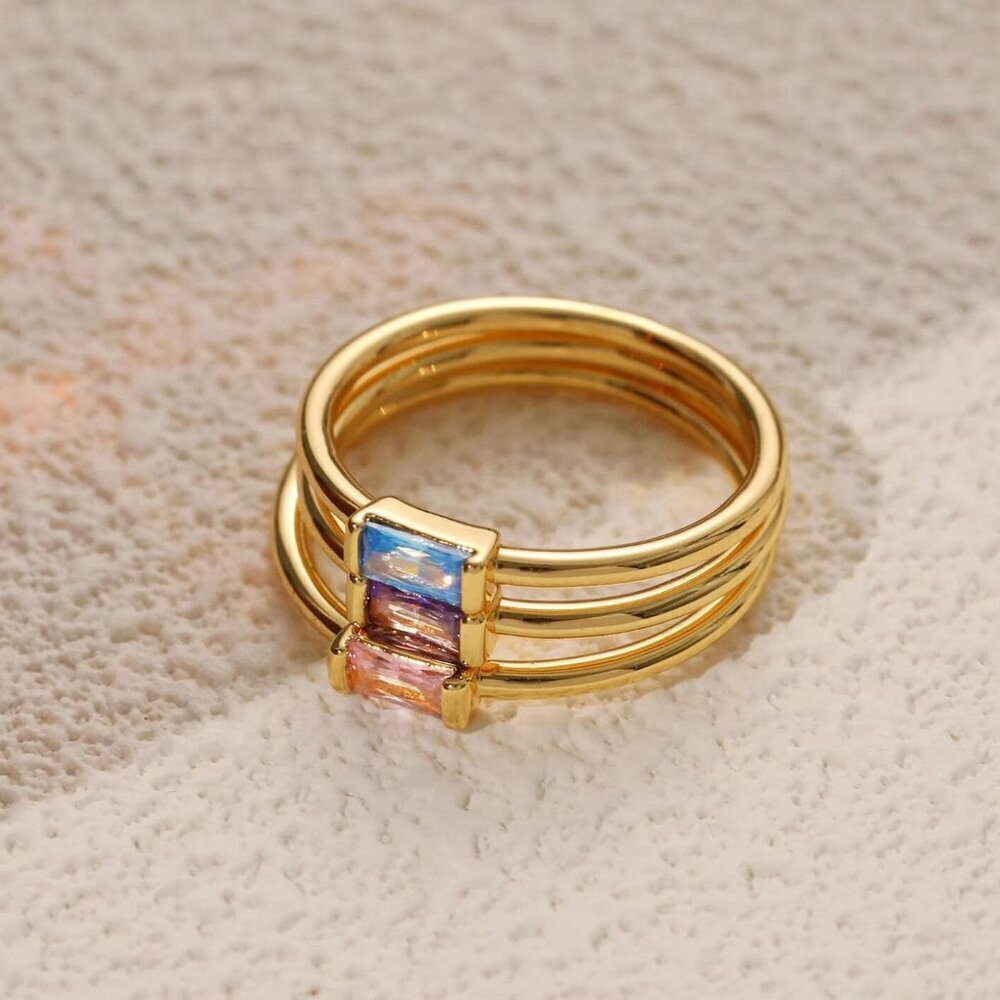 Women Purple/gold Non Tarnish Dainty 14k Gold Plated Baguette Emerald Stone Ring - Picture 7 of 7